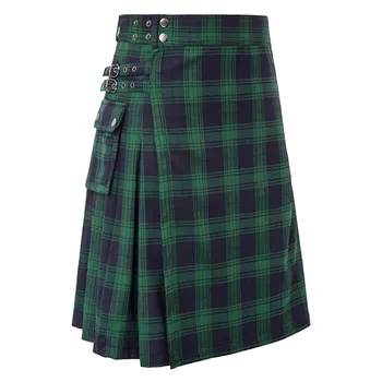 Мъжки плиссированная пола зелен цвят, модерен кожена каишка в шотландски стил, однотонная плиссированная пола, Модни и ежедневни мъжки пола на Св. Патрик