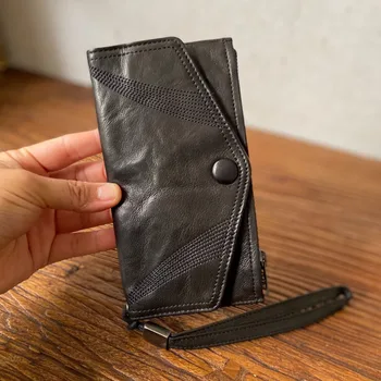 Мъжки портфейл от агнешка кожа с дълги копчета от мека кожа, тънък портфейл за карти, чанта за съхранение в ретро стил