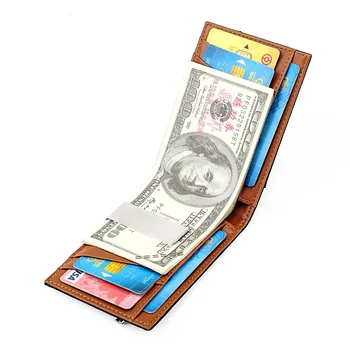 Мъжки портфейл с щипка за пари RFID, двойна чантата си, тънък държач за карти с широк метален клипс, кожена джоб с цип, тънък портфейл с щипка за пари за мъже