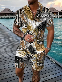 Мъжки спортни облекла от 2 теми, Риза с къси ръкави в хавайски стил с 3D принтом, Тениска И Шорти, Ежедневни мъжки дрехи, Удобни мъжки