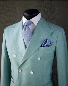 Мятно-зелено яке, панталони, мъжки костюми, двубортная официалната облекло за младоженеца, бизнес блейзър от 2 теми (яке + панталон)