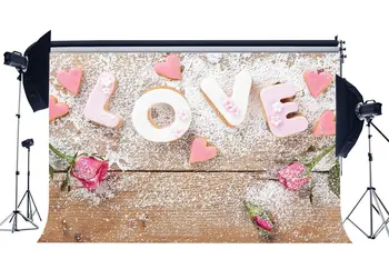 На фона на Свети Валентин, Сладки сърца, Любов, Розови цветя, селски ленти, Дървена дъска, романтичен фон за сватбена фотография