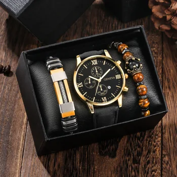Набор от мъжки ежедневни кожени часовници за подарък на мъжа ми за рождения ден, мъжки часовник, комплект за гривни, часовник с календар, мъжки часовник с кутия