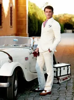 Най-новите проекти палто и панталони в цвят слонова кост, бяло ленено сако с двоен модел на поръчка за младоженеца, мъжки костюми, 2 броя, приталенная яке Terno + панталони