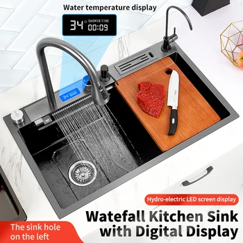 Нано-черна кухненска мивка от неръждаема стомана 304, купа голям размер, кран за водопад, ляв страничен дренаж
