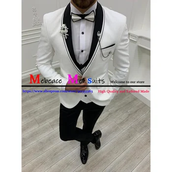 Направен по поръчка Класически Сватбени костюми на Младоженеца 2021, Мъжки Бели Приталенные модни вечерни Официални блейзери от 3 теми (яке + Панталон + Елек)