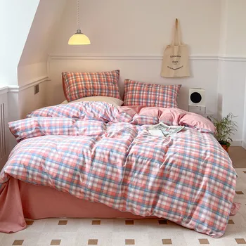 Нов розов клетчатое стеганое одеяло, цветен плат выстиранный памук комплект спално бельо от четири части от чист памук, едно калъфка за спални