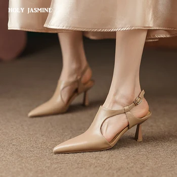 НОВА лятна/пролетно дамски обувки, сандали на тънък ток, с остри пръсти, елегантни дамски обувки от естествена кожа на висок ток за партита