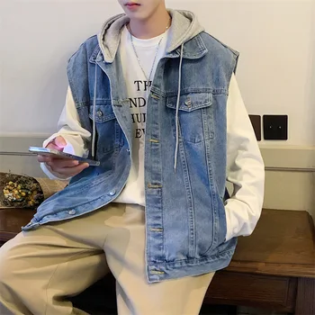 Нова мода мъжка пролетна свободна работна яке с качулка и фалшива джинсовым жилетка от две части