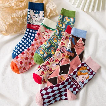 Нови и интересни тенденция чорапи с индивидуалността, дамски чорапи със средна дължина, сладки улични чорапи с изображение на котка, 1 чифт