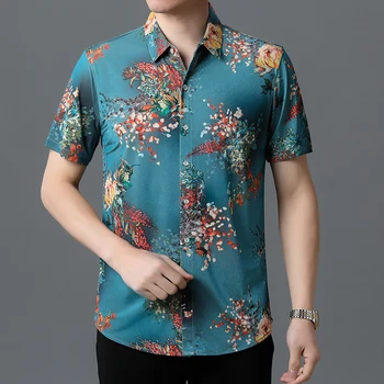 Ново записване, мъжки модни блузи с принтом 2023, летни дрехи с флорални принтом, мъжки ризи с къс ръкав, гладки меки ризи за мъже