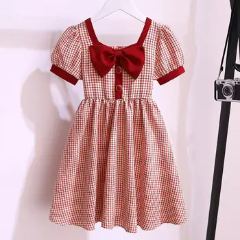 Новост 2023 г., пролет-лято ежедневни памучни рокли за малки момичета в клетка с лък, детски дрехи
