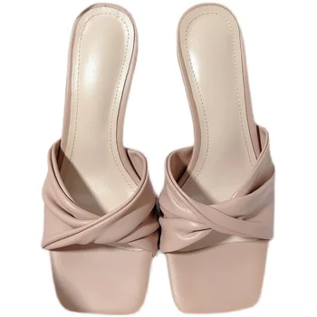 Новост лятото 2023, прости и удобни сандали в стил 2023, дамски однотонная обувки с квадратни пръсти и обувки с високи токчета, дамски