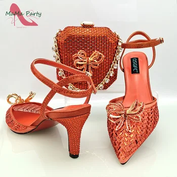 Оранжев цвят, с високо качество, нови предмети, сладък стил, италиански дизайн, дамски обувки и чанта в комплекта, обувки-лодка за парти в градината