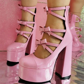 Палав женски обувки-лодка на висок ток и платформа, розови обувки в стил Лолита 