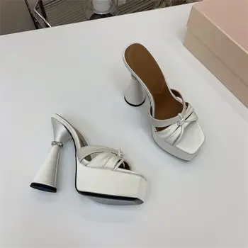 Палав женски обувки на много висок ток с квадратни пръсти, обикновена елегантни обувки за жени, чехли от лачена кожа без обков, колекция от 2023 година, пролет-лято, ново, хит на продажбите