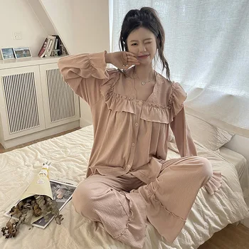 Памучен однотонная пижама за пролет, пижами с дълъг ръкав за жени, корейски костюми за сън, дамски домашно облекло, спално бельо