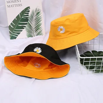 Памучен шапка-кофа с бродерия маргаритки, дамски лятна мода солнцезащитная шапка за момичета, двустранен реверсивная Рибар шапка, шапка с бродерия на цветя
