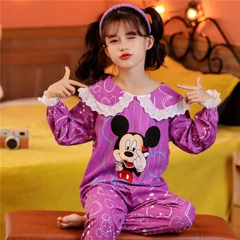 Пижама с принтом принцеса Мики и Мини маус, детска пижама от 100% памук за момичета, пролетно-есенна сладко домашни дрехи с дълги ръкави