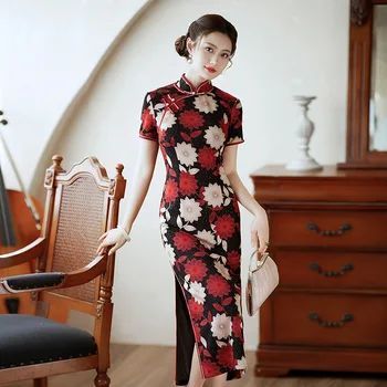 Пикантен дамски сатенени ципао с винтажным яка и цветисти принтом, традиционен китайски Чонсам, коварен выпускное рокля с ниски намаляване на размера Oversize 3XL 4XL