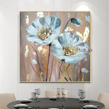 Плакат за декор на стаята, съвременната Абстрактна живопис с маслени бои, златисто-Бели Цветя, Ръчно рисувани върху платно, пълна с текстура, сватбен подарък, Лидер на Продажбите