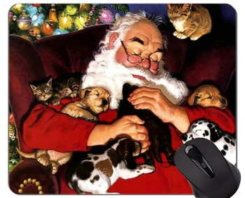 Подложка за мишка с прошитым ръба, Коте Дядо Коледа, Коледа кученце, Куче, котка, Аксесоари за домашния офис, Компютърни подложки за мишки