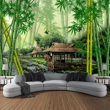 Потребителски художествена завеса, подвесная плат, Декорация за дома, спалня, всекидневна, Зелен бамбук къща, мост, пейзаж, стенен гоблен