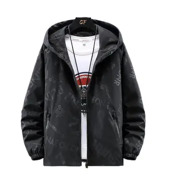 През пролетта на нов случайни спортен пуловер големи размери с качулка 7XL 6XL 5XL, тенденция мъжки финото палто в черен цвят с джоб с цип и принтом.