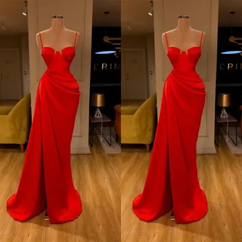 Прекрасна вечерна рокля за спагети презрамки, уникални абитуриентски рокли с кръгла чаша, червена рокля с висока цепка, празнична рокля на Русалка