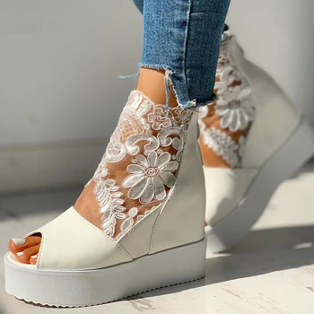 Пролетни дамски сандали на висок ток, ежедневни сандали на танкетке с отворени пръсти в етнически стил, с дебели подметки, увеличена масивна дамски обувки