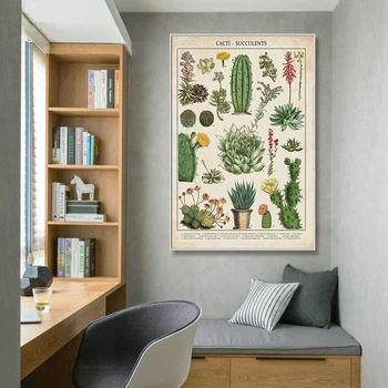 Пустинен кактус Цвете картина върху платно Плакат с растения и щампи Поглъщат слънчевата светлина Стенни художествена картина Леко Луксозно зелена Украса за дома