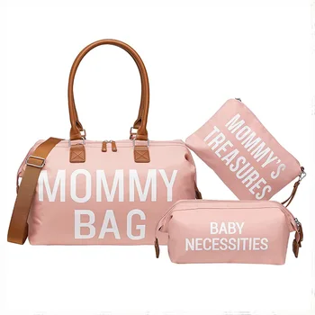 Пътна чанта за майките от три части, преносима чанта за бременни, самозалепваща чанта за бутилки с мляко, чанта за пелени с голям капацитет за майката и бебето