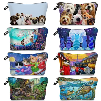 Пътна чанта за тоалетни принадлежности с принтом котка, куче, вълк, костенурки, всекидневни животински модел, теплопередача, дамски косметичка, Адаптивни чанта за грим