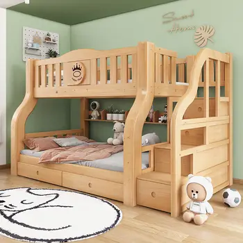 Регулируем по височина легло Бебешко легло Двойно горната и долната част на леглото за възрастни Двупластова богат на функции на дървено легло