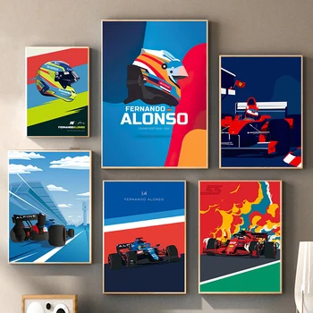Ретро постер на състезателна кола от Формула 1, картина върху платно, каска Фернандо Алонсо, стенно изкуство, за съвременната всекидневна, декорация на дома, Cuadros