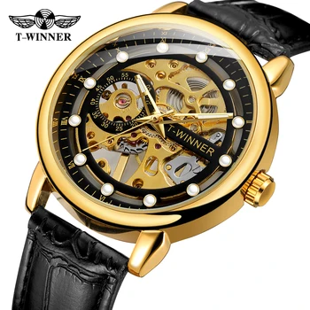 Ретро прозрачни часовници с виртуален скелет за мъже, механични ръчни часовници с ръчно ликвидация, блясък на златни часовници, кожена каишка Relogio, хубав подарък
