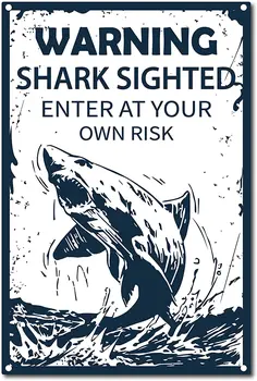 Ретро Ретро тенекиен Предупредителен знак, Замеченный акула, да отидете на свой собствен риск, Метален Стенен декор, Художествена картина за домашна градина
