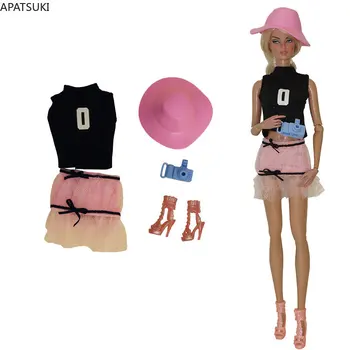 Розов Черен модерен куклен облекло за Барби, топ, пола, Шапка, Обувки, фалшива камера, играчки за кукли Барби, комплект дрехи, аксесоари за кукли 1/6