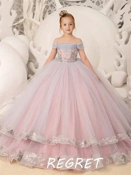 Розова рокля с открити рамене за момичета в цветенце на сватбата 2022, бална рокля на принцеса с аппликацией, диференцирани луксозно детско рокля за парти в чест на рождения ден