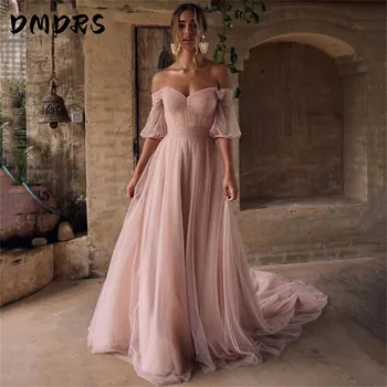 Розови вечерни рокли, с плажна вечерна рокля с открити рамене, реколта евтини сватбени рокли с къс ръкав, по-големи размери, Vestidos
