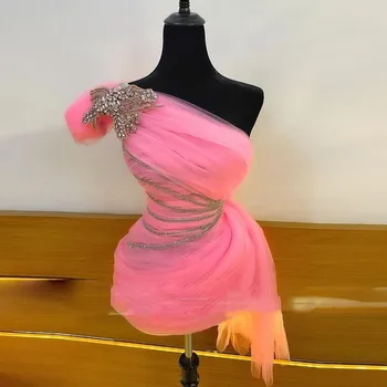 Розови рокли за абитуриентски бал, на кратко вечерна рокля vestido do curto, расшитое мъниста, без ръкави, рокли за абитуриентски бал, мини дължина, ново