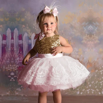 Рокли за рожден ден за малки момичета за една година, рокля с цветя модел за сватбената церемония, дрехи за новородени, голям лък, вечерна празнична облекло
