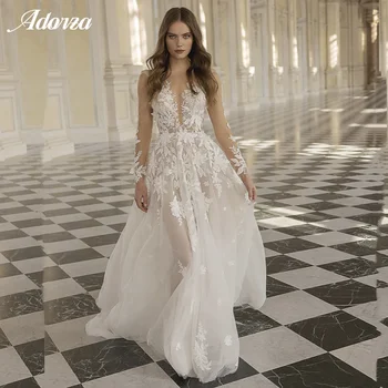 Романтична сватбена рокля трапецовидна форма Adorza за жени, V-образно деколте, 3D лейси апликация, илюзия за цвете, с дълги ръкави, рокля с отворен гръб, Vestido De Новия