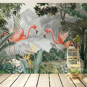 Ръчно рисувани Тропическа гора, фотообои с фламинго, тапети, хол, спалня, TV, Декорация на дома, водоустойчив стенни плат, 3D стенопис