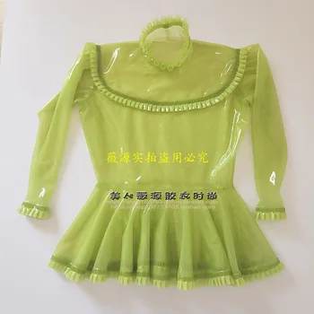 Секси дамски прозрачна латексова блуза яблочно-зелен цвят, гумена риза с дълъг ръкав, отгоре с дантела