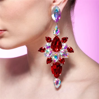 Секси червени висящи обеци с кристали за жени, преувеличени обици-висулки с кристали, банкетни бижута на едро