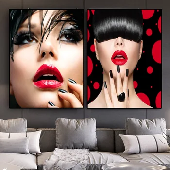 Секси червени устни, жените живопис с маслени бои върху платно, постери Куадроса и щампи, Нокти, Черен стенни картина в скандинавски стил за хол