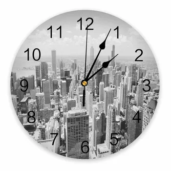 Силует на хоризонта Чикаго Пейзаж Декоративни кръгли стенен часовник с Индивидуален дизайн, Не тикающие Безшумни спални, голям стенен часовник