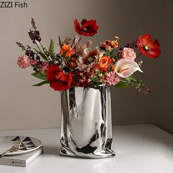 Сребърно покритие керамична ваза, за Украса на масата, творчески нагънат вази, Декоративни саксии, Цветя договореност, модерен начало декор