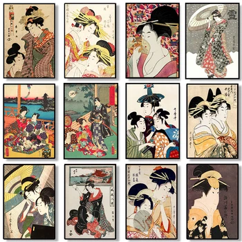 Стари японски плакати с гейшей и самураями, Щампи, живопис върху платно, Японската Жена, Живот, монтиран на стената артистичен интериор, Картини, Декорация за всекидневната, Домашен Декор